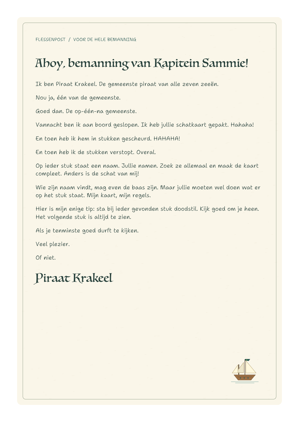 Voorbeeld van de flessenpost van Piraat Krakeel